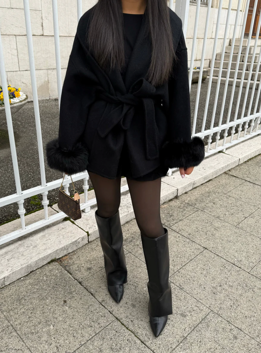 Elegant Black Wool Blend Coat with Removable Faux Fur Cuffs