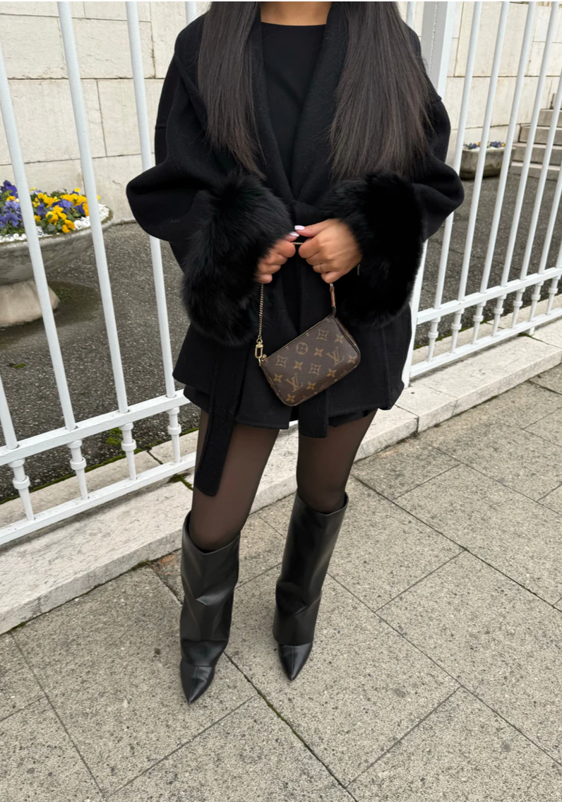 Elegant Black Wool Blend Coat with Removable Faux Fur Cuffs