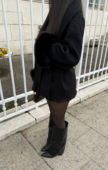 Elegant Black Wool Blend Coat with Removable Faux Fur Cuffs