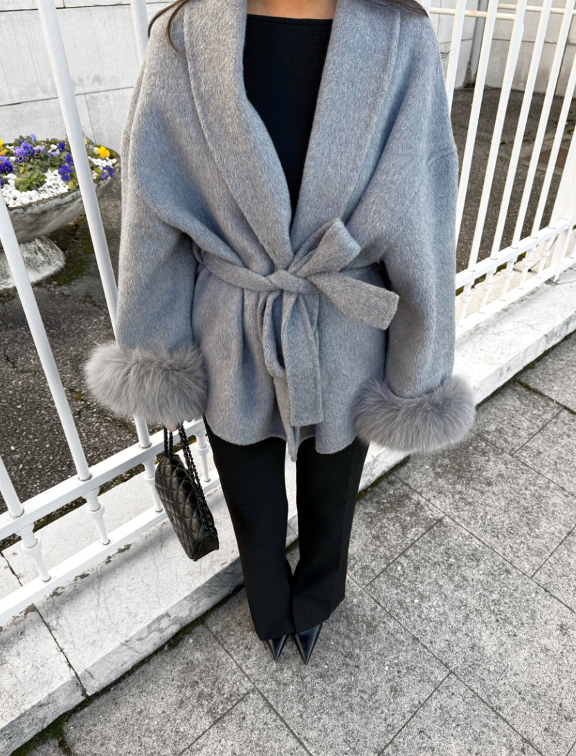 Elegant Stone Grey Wool Blend Coat with Luxurious Removable Faux Fur Cuffs