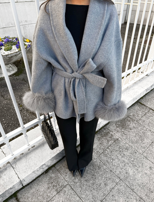 Elegant Stone Grey Wool Blend Coat with Luxurious Removable Faux Fur Cuffs