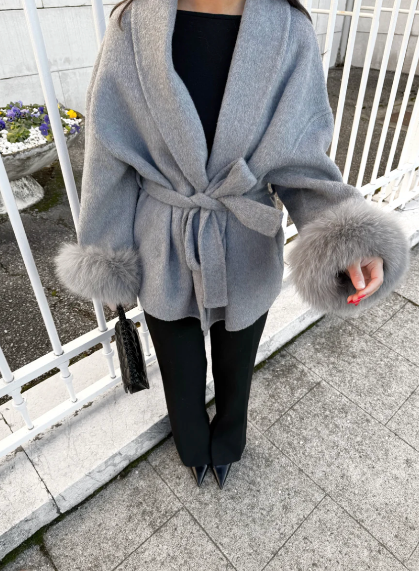 Elegant Stone Grey Wool Blend Coat with Luxurious Removable Faux Fur Cuffs