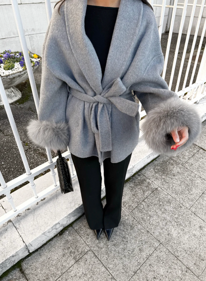 Elegant Stone Grey Wool Blend Coat with Luxurious Removable Faux Fur Cuffs
