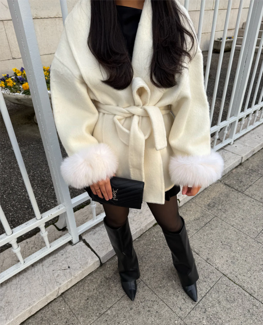 Elegant White Wool Blend Coat, Removable Faux Fur Cuffs, Women's Luxury