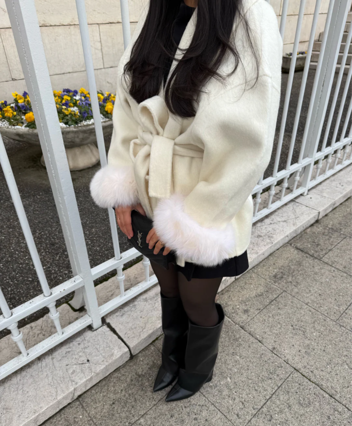 Elegant White Wool Blend Coat, Removable Faux Fur Cuffs, Women's Luxury