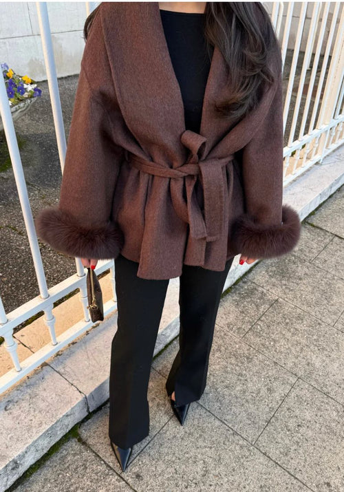 Chic Mocca Wool Coat: Removable Faux Fur Cuffs, Elegant & Versatile