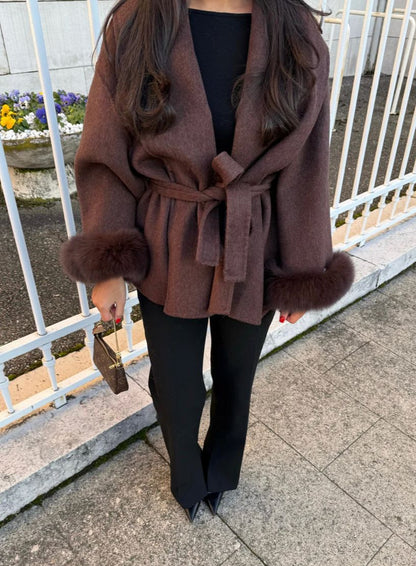 Chic Mocca Wool Coat: Removable Faux Fur Cuffs, Elegant & Versatile