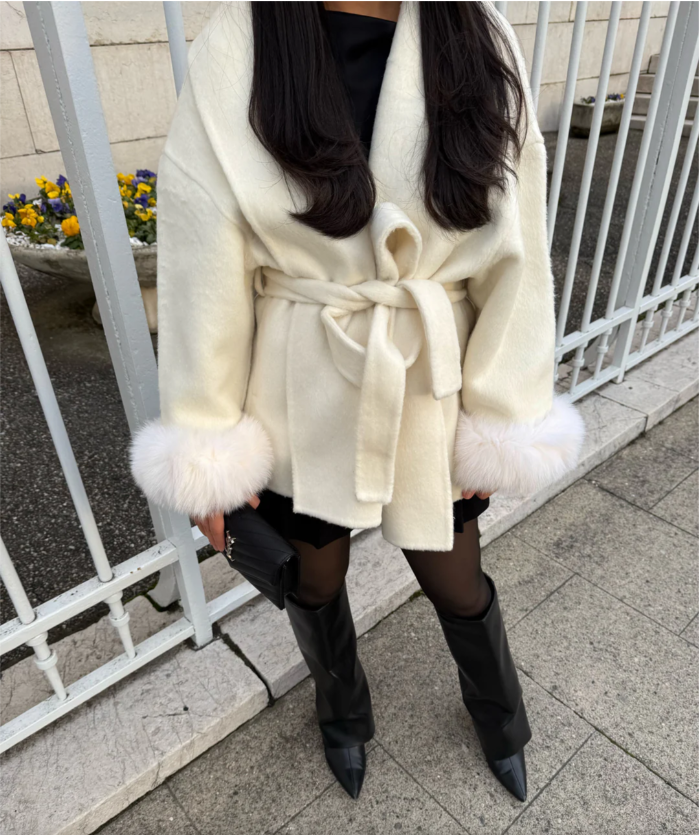 Elegant White Wool Blend Coat, Removable Faux Fur Cuffs, Women's Luxury