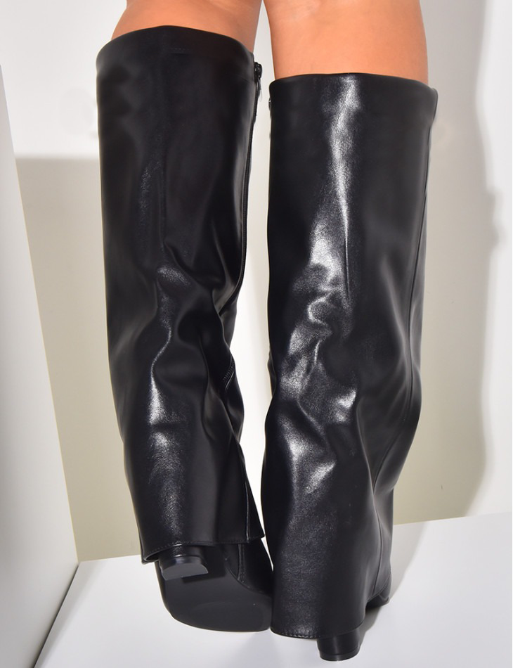 Lamour Premium Black Faux Leather Stiletto Boots with Fold-Over Design