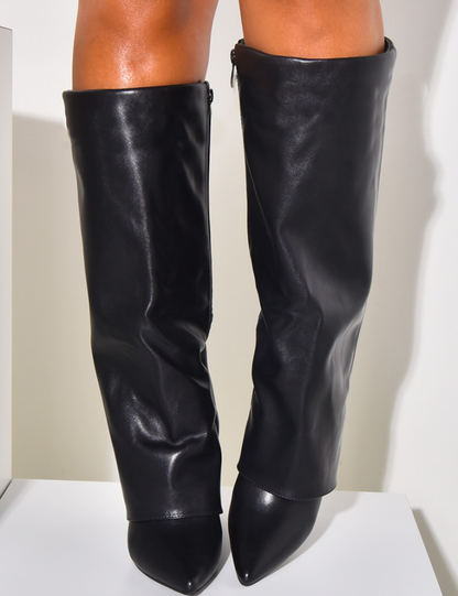 Lamour Premium Black Faux Leather Stiletto Boots with Fold-Over Design